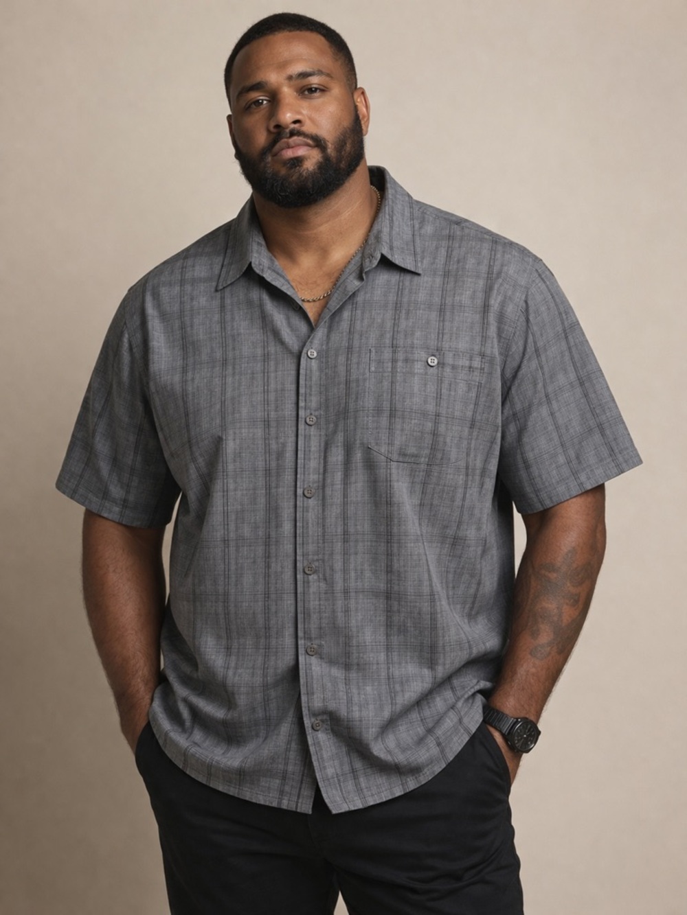Haggar Gray Plaid Short-Sleeve Button-Down Shirt